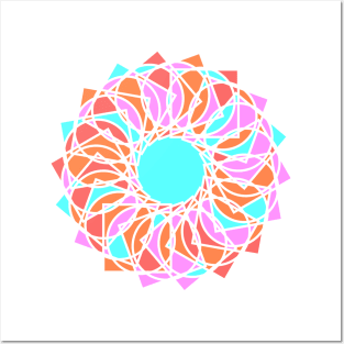 Digital mandala with random geometric repeated shapes in bright neon colors Posters and Art